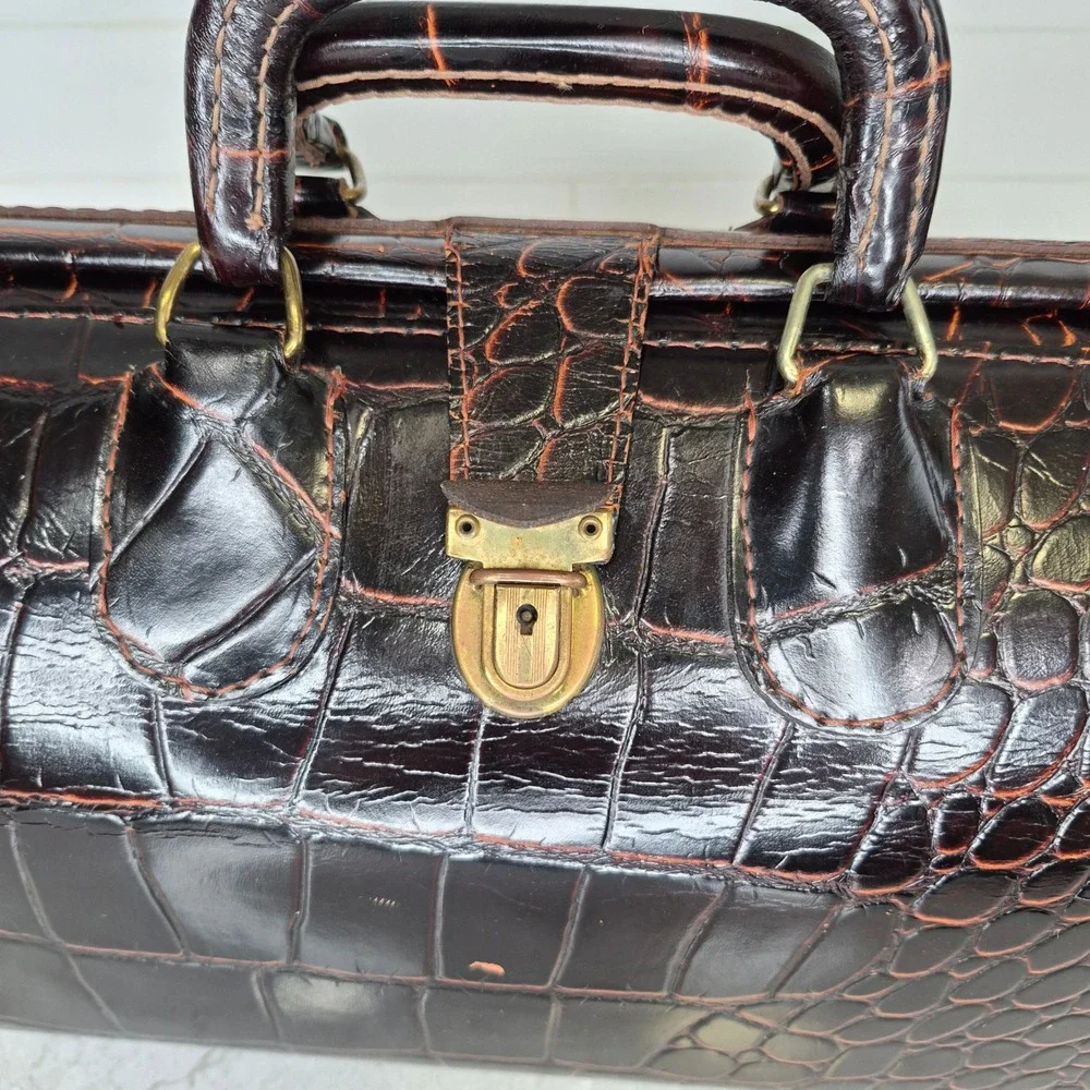 Upjohn Doctor Bag Vintage Faux Croc Embossed Leather Brown Unisex